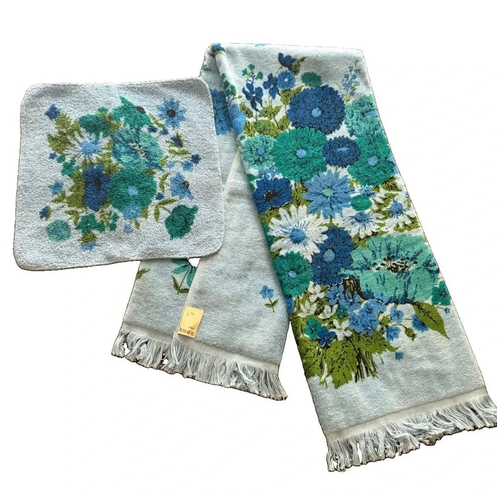Vintage Blue Floral Fringe Bath Towel Washcloth Set Bon Marche 45x24 Cotton Tags